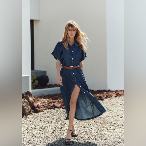 Zara Women’s Belted Denim Midi Dress Size Large - Picture 1 of 3